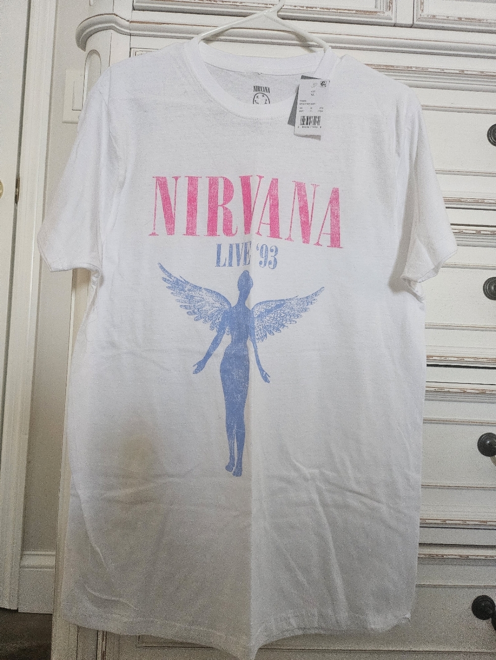 NIRVANA White Tee with Pink Logo & Blue Angel
